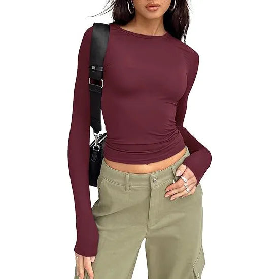 T-shirt pour femme, manches longues, col rond, coupe ajustée