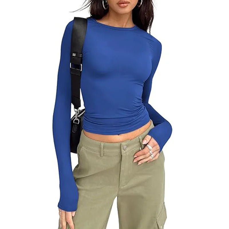 T-shirt pour femme, manches longues, col rond, coupe ajustée