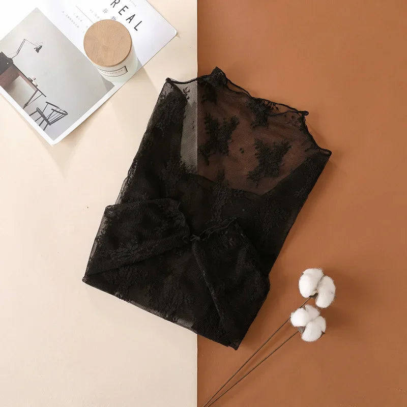 Nouvelle chemise en dentelle florale pour femme, manches longues, col montant