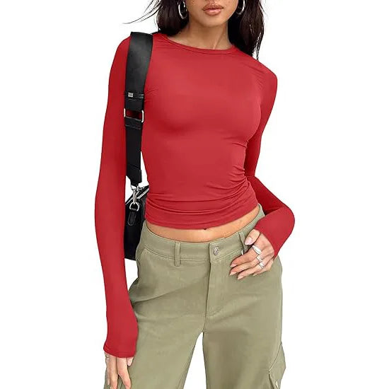 T-shirt pour femme, manches longues, col rond, coupe ajustée