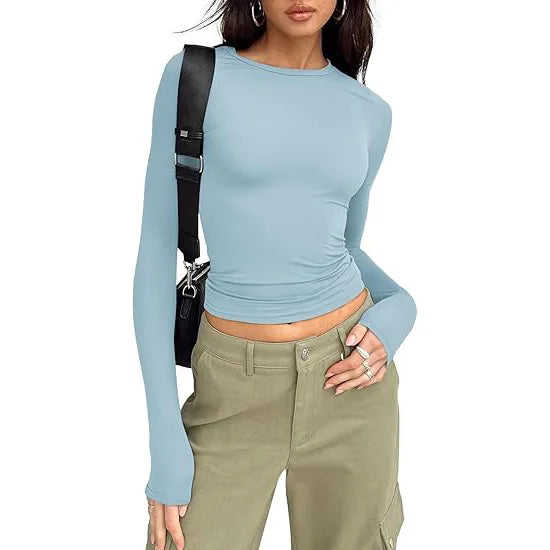 T-shirt pour femme, manches longues, col rond, coupe ajustée