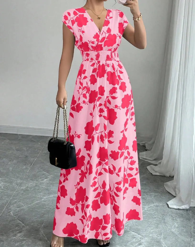 Robe d'été pour femme, col V, manches courtes, taille haute - idéale pour les vacances.