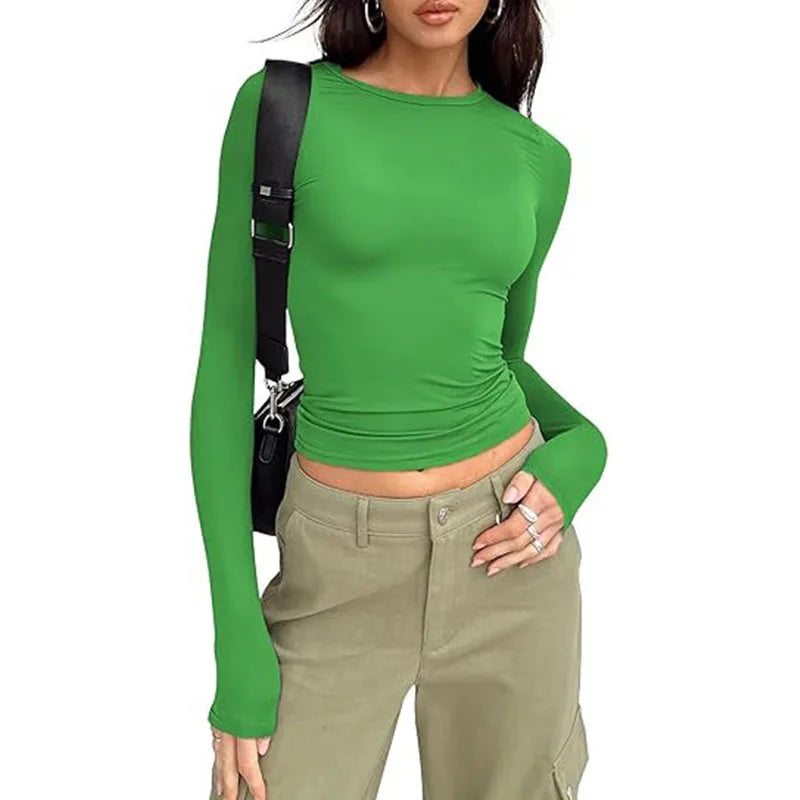 T-shirt pour femme, manches longues, col rond, coupe ajustée
